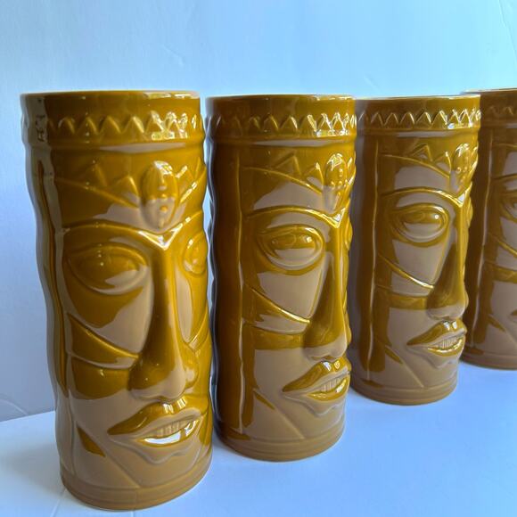 Set of 4 World Market Mustard Yellow Gold Tiki Mugs Ceramic Cups Retro Barware - Picture 1 of 7